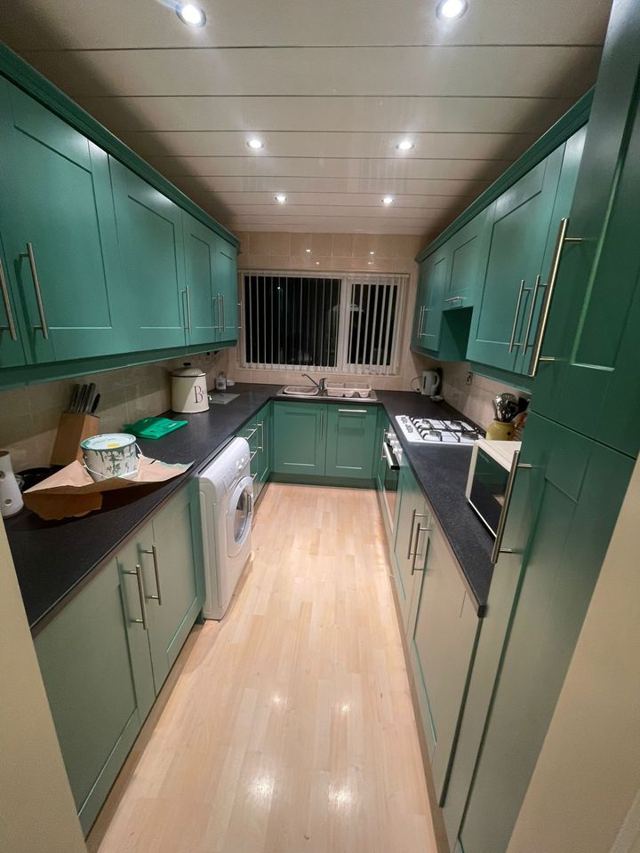 Emerald green galley kitchen with long bar handles after respraying